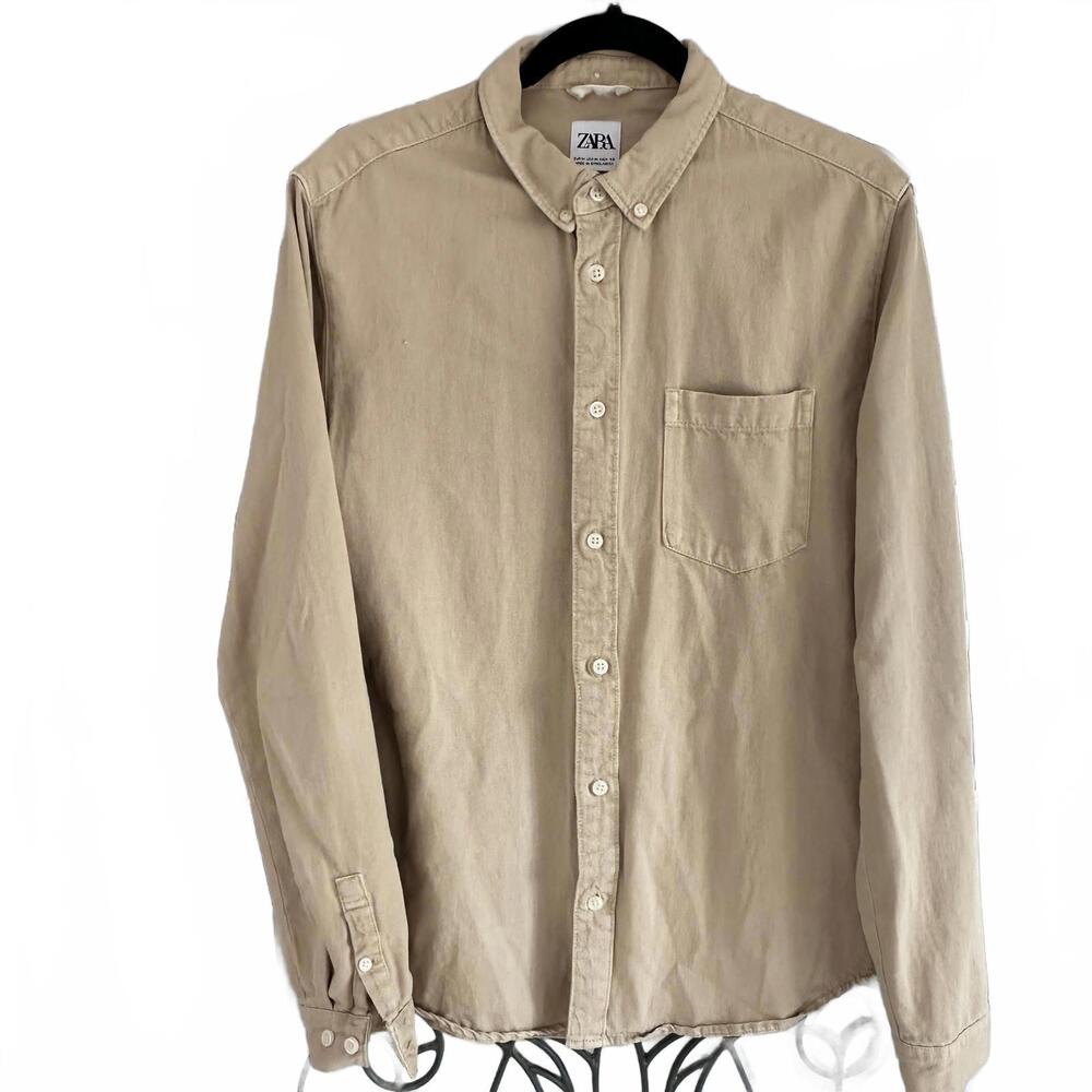 ZARA Men Casual Beige 100% Cotton Button Down Long-Sleeve Shirt - Medium